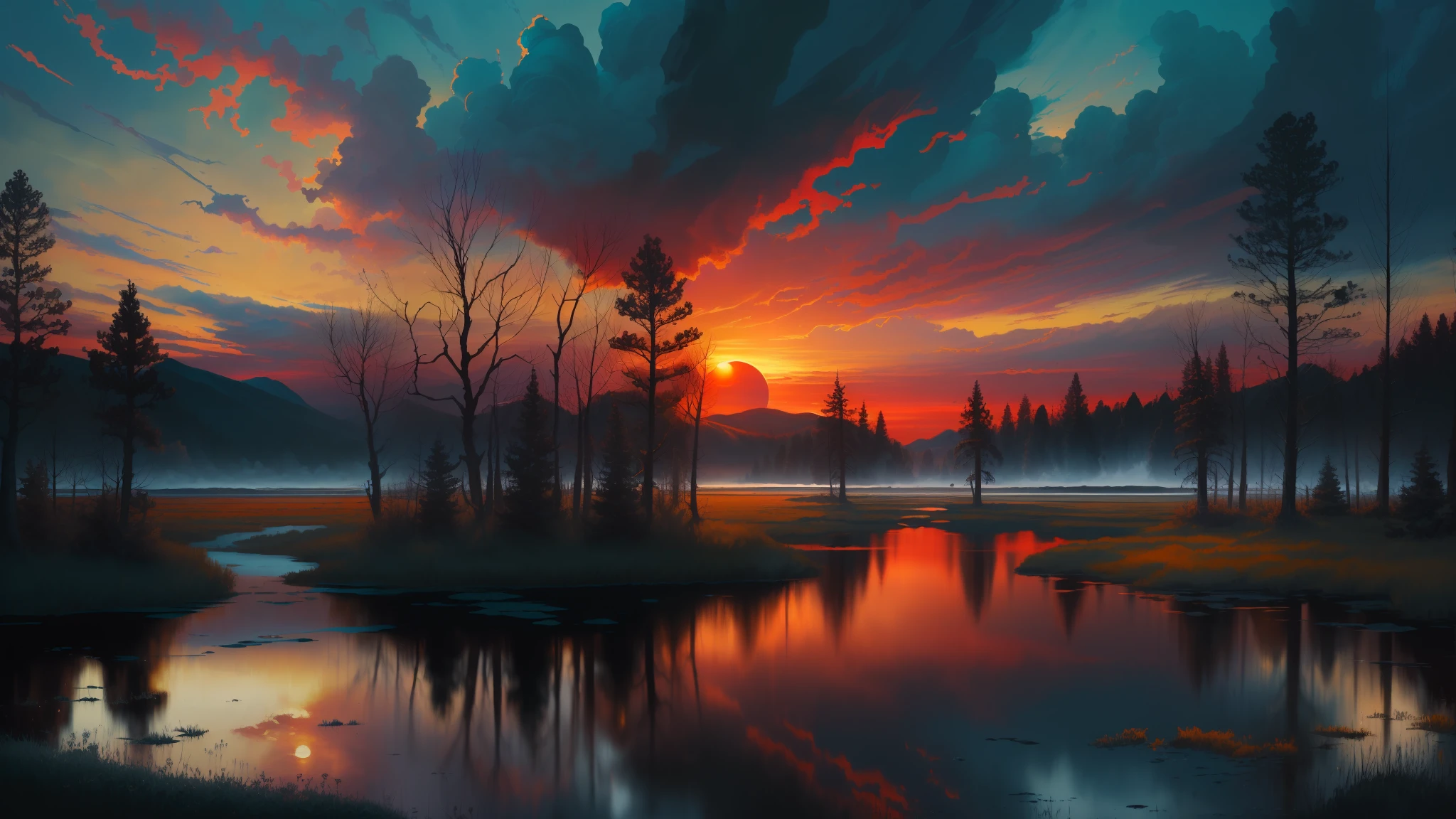 (masterpiece, best quality, high quality, highres:1.4), detailed, extremely detailed, ambient soft lighting, 4K, landscape, (dusk, setting sun, darkening sky:1.3), swamp, mire, mist, mountains in the background, crooked trees, darkness, dark fantasy, gothichorrorai