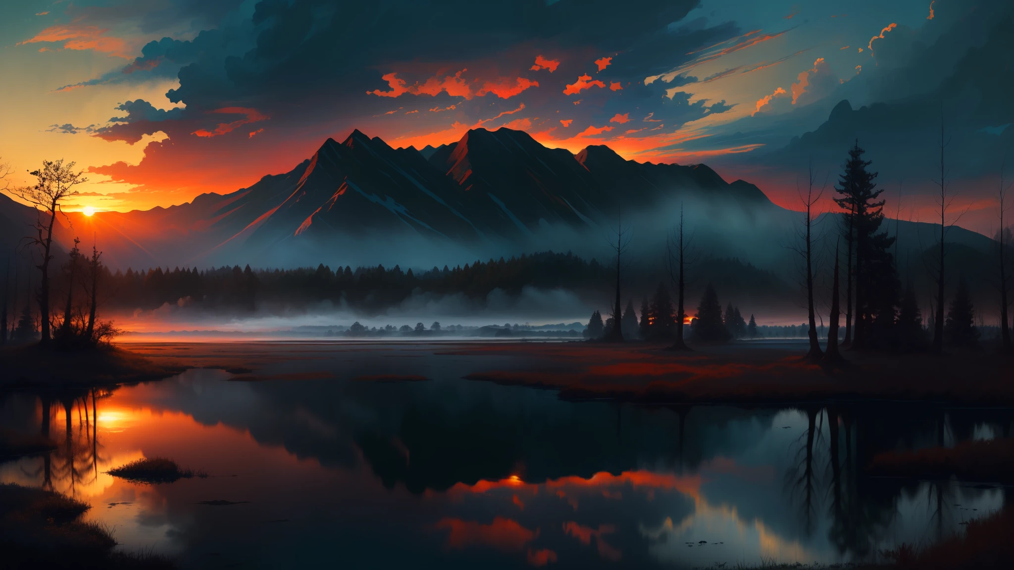 (masterpiece, best quality, high quality, highres:1.4), detailed, extremely detailed, ambient soft lighting, 4K, landscape, (dusk, setting sun, darkening sky:1.3), swamp, mire, mist, mountains in the background, crooked trees, darkness, dark fantasy, gothichorrorai