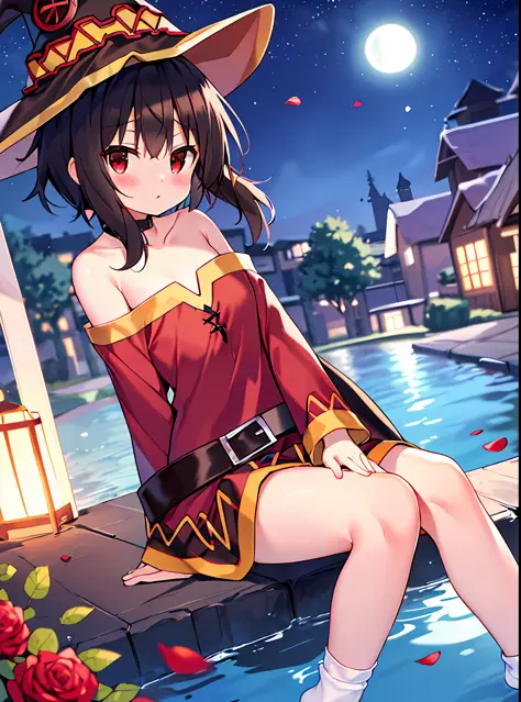 (sitting), (bow), (black hair), (short hair), (red eyes), big eyes, (blush), (megumin_konosuba in [ (sweater):(((no socks))):0.4...