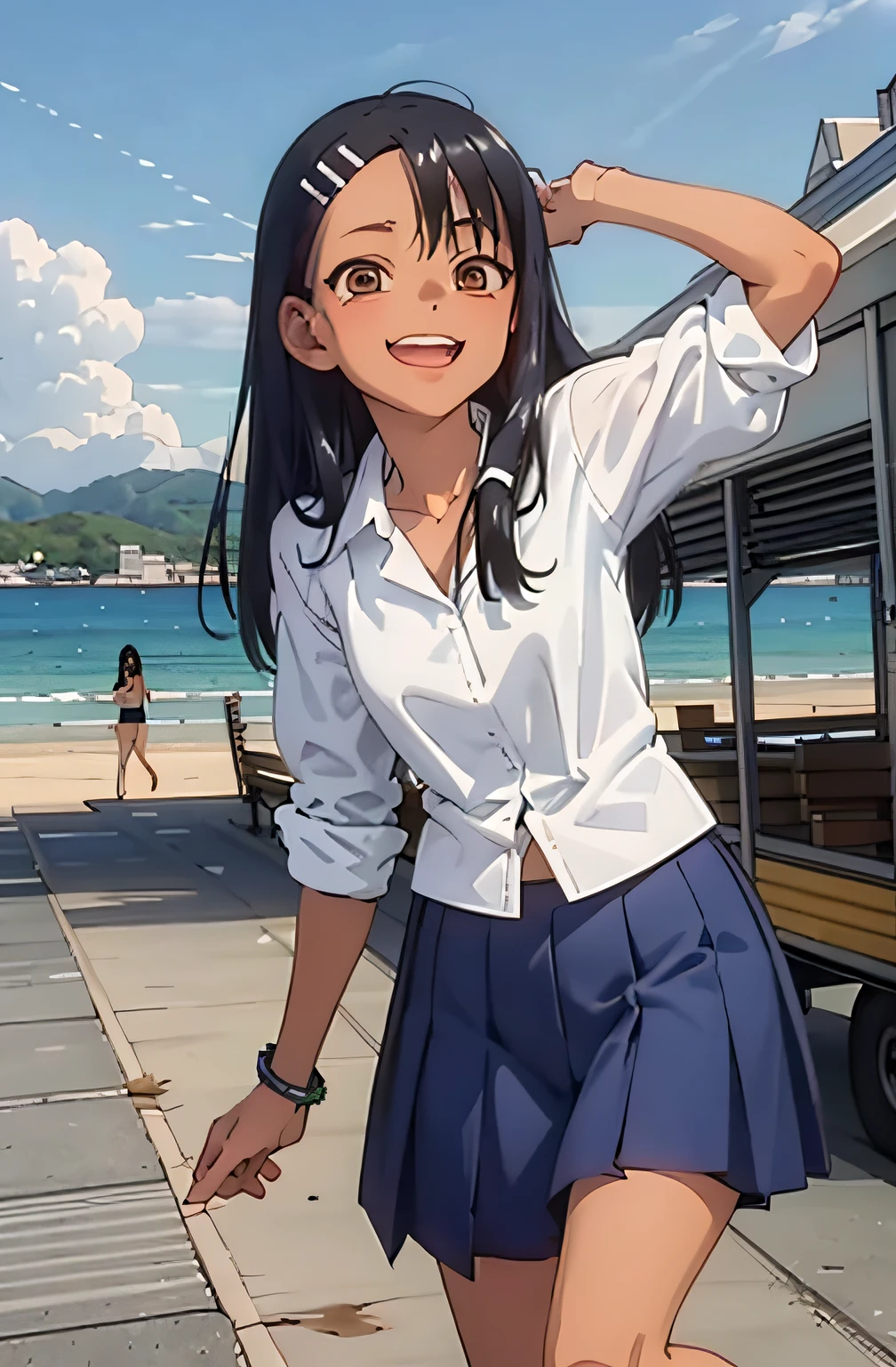 HDR, CG, sharp focus, (8k), (4k), masterpiece, best quality, sharp focus, extremely detailed, intricate, hyper detailed, nagatoro hayase, brown eyes, black hair, bangs, long hair, dark skin, hairclip, white shirt, blue skirt, no socks, uwabaki, standing, arms behind head, cowboy shot, looking at viewer, outdoors, evil grin, (masterpiece, best quality;1.3), extremely detailed ,ultra detailed, 1girl, solo, looking at viewer,detailed skin, 3d face, evil smile, open mouth, full body,lying on beach, front view, from below,white bikini , small black ribbon nagatoro hayase, brown eyes, black hair, long hair, dark and white skin, hairclip, no sleeve,otl, tan,