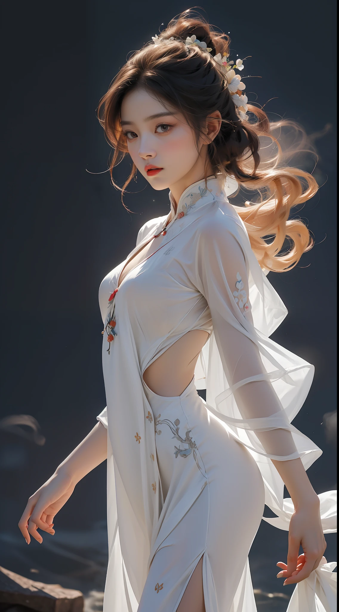 NSFW, Super High Quality, Masterpiece, Perfect Illustration, Extreme Details (Delicate Light and Shadow, Highly Dramatic Picture,)Zhong Hua, 1 Girl, Solo, Hanfu, Ancient_Chinese_architecture, Flower Field, Flowers, (White Smoke:1.3) (Realistic:1.4), Zen Entanglement, Mandala, Tangled, Official Art, Unity 8k wallpaper, super detailed, beautiful and beautiful, masterpiece, best quality, (Dynamic angle: 1.4), glowing skin, (Floating colorful flashes: 1) The most beautiful chaotic forms, elegant, brutalist design, bright colors, romantic depth of field exotic_dance, half_naked