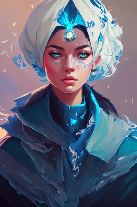 a close up of a person with a blue headdress and a blue turban, inspired by Lois van Baarle, fantasy concept art portrait, epic ...