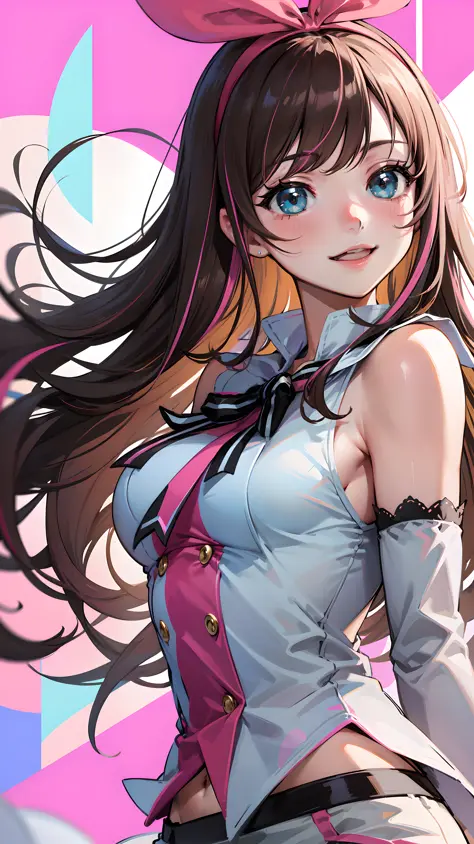 masterpiece, best quality, highres, 1girl, kizuna ai, small breasts ,long hair, brown hair, multicolored hair, floating hair, pi...