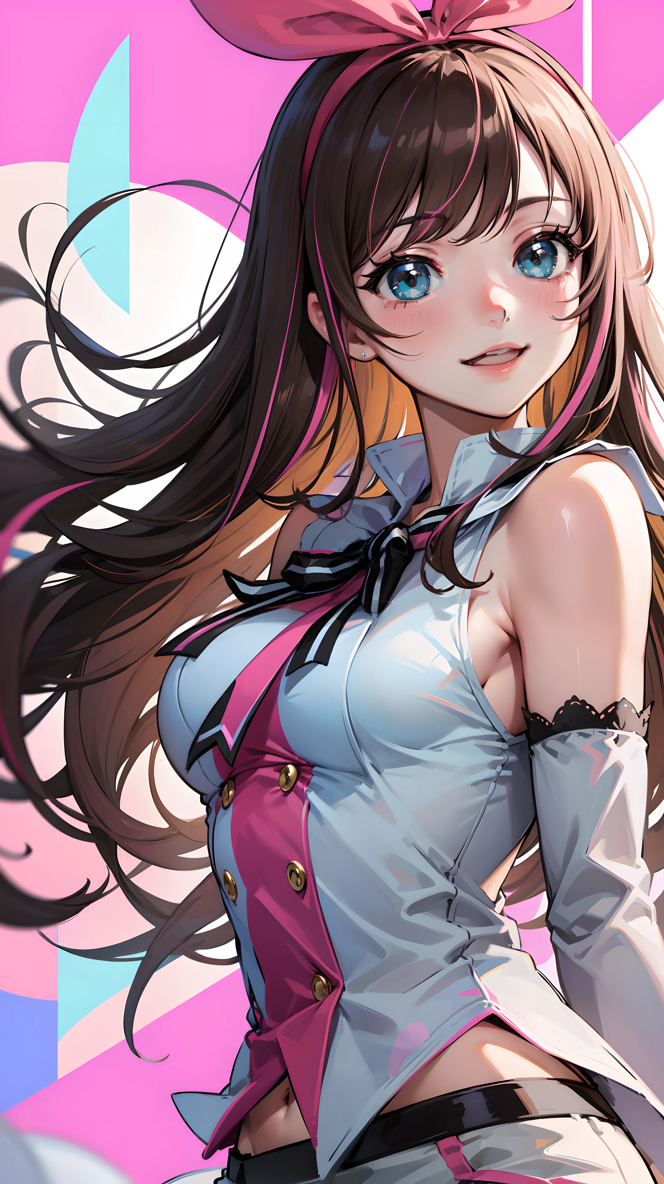 masterpiece, best quality, highres, 1girl, kizuna ai, small breasts ,long hair, brown hair, multicolored hair, floating hair, pink hairband, pink highlights, streaked hair, smiling