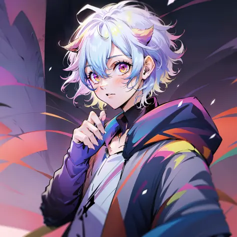 0.7>,anime boy,snow,(Male),jacket,diamond,multicolored hair,multicolored eyes,cat ears on top of head