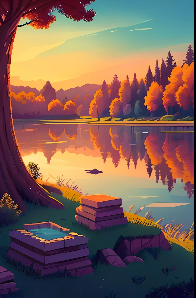 (masterpiece, top quality, best quality, highly detailed background:1), lake, grass, water, mountains, depth of field, trees, dawn, stone ruins, forest, isometric composition, pixel art
