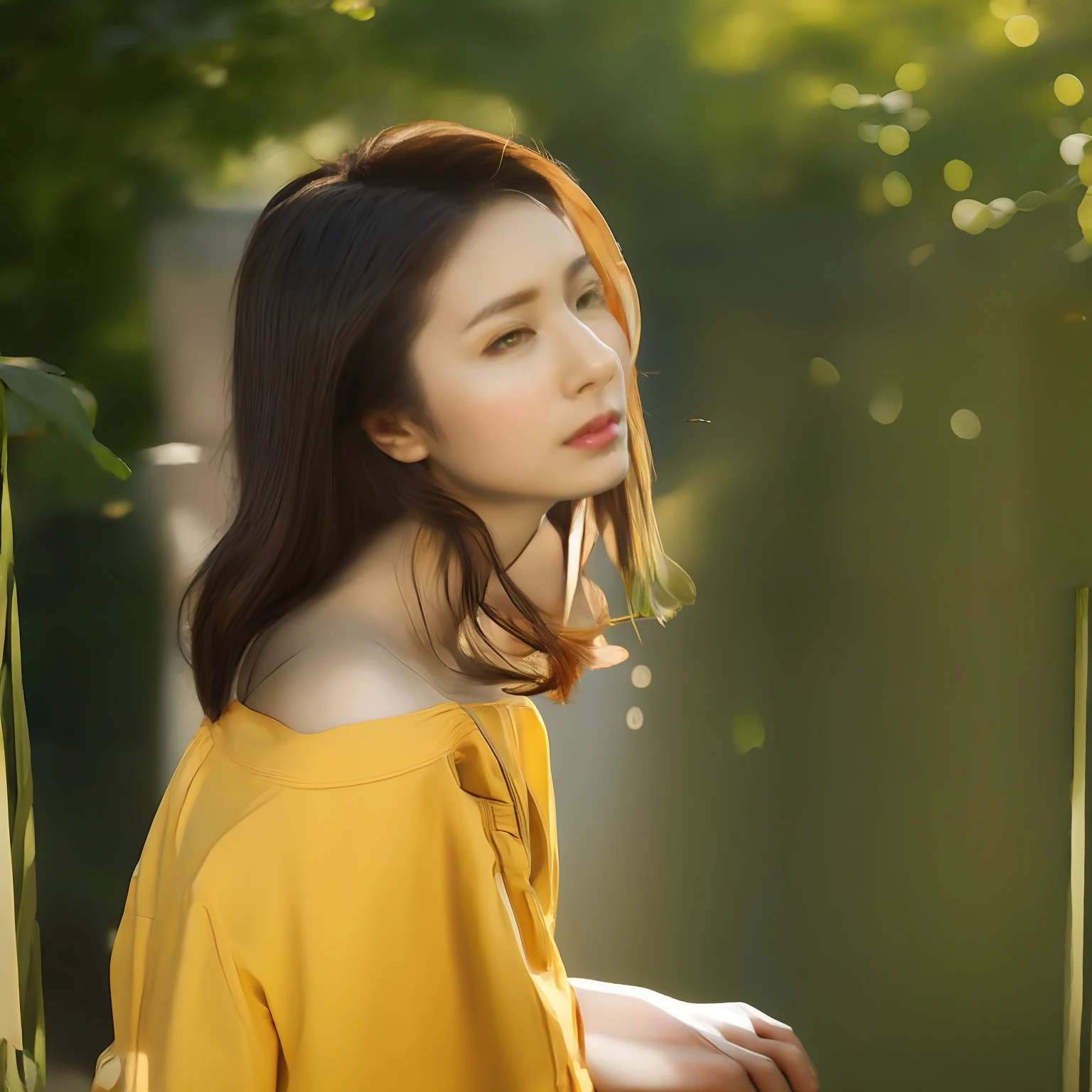 A foto da mais alta qualidade, no beiral de uma casa particular no início do verão, há um jardim com flores, o jardim está fora de foco, há a parte superior do corpo de uma adolescente bronzeada sentada, sua mão esquerda é visível na parte inferior do centro, ela está vestindo roupas de verão de linho ecologicamente corretas e bege LOHAS, com mangas compridas, uma camisa fina, ela está brilhando na pele e nas roupas sob o sol da tarde, fotos de obras-primas