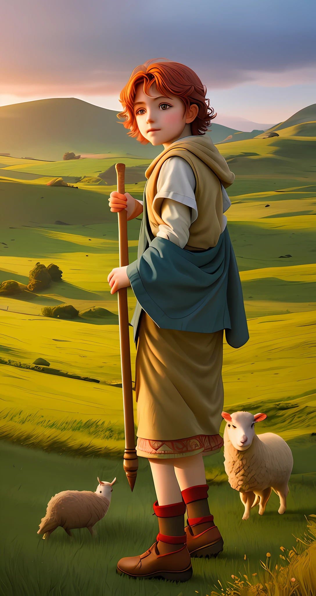 A young shepherd, red-haired sheepherder, with a staff in his hands ...