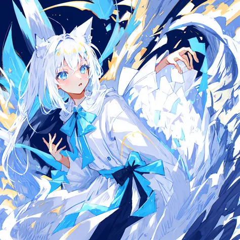 Female, anime cat ears, long white hair, small white dress, blue eyes