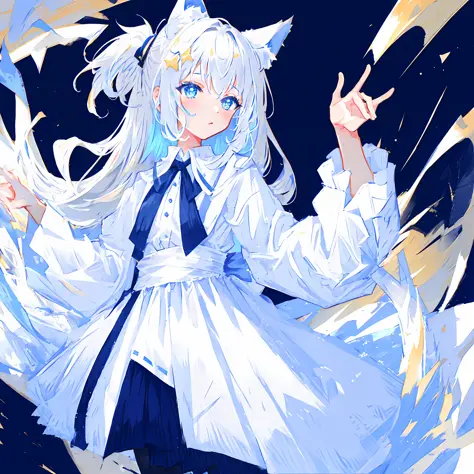 Female, anime cat ears, long white hair, small white dress, blue eyes