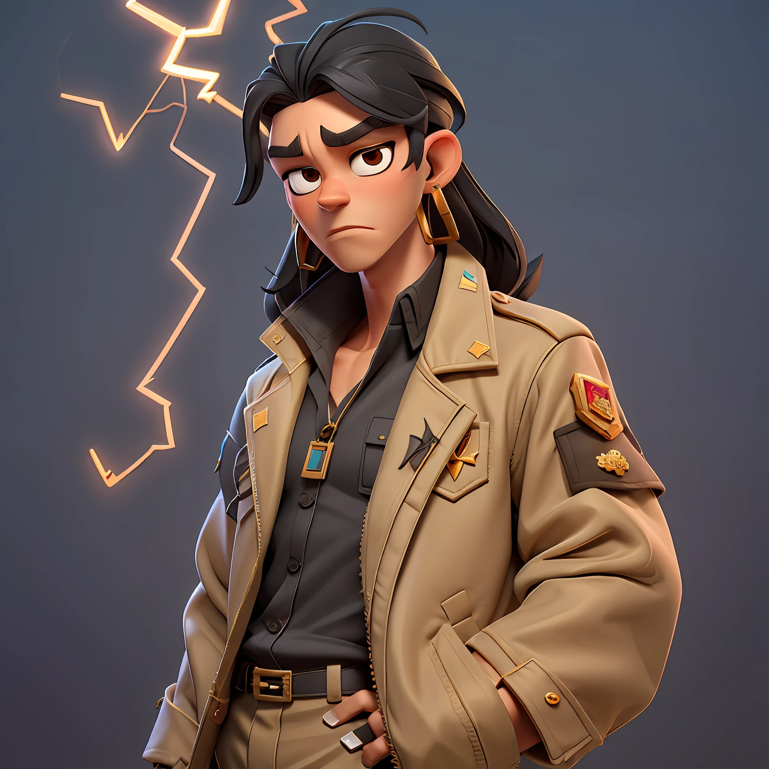 androgen of "long straight black hair", golden earrings, wearing "military shirt and jacket", thick eyebrows, hot desert, electric rays, fantasy, high voltage