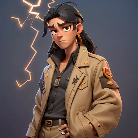 androgen of "long straight black hair", golden earrings, wearing "military shirt and jacket", thick eyebrows, hot desert, electr...