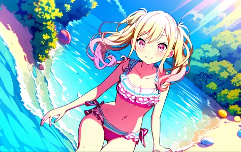 ((masterpiece,best quality)), 
1 girl, solo, pink frilly bikini, blush, smile, on beach, seashells, sunshine, sand, waves, wet, water, water splash