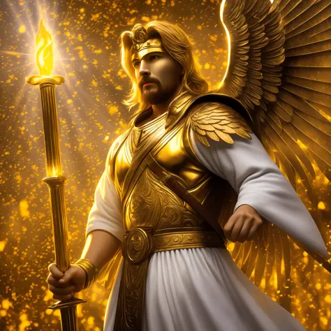 ( best quality,8k, masterpiece) ,(a strong angel with man's face shining with golden light, angel standing in a garden with a fire sword in hand guarding the garden, guardian angel, epic, wearing white robes he has large wings with celestial aura, various ...