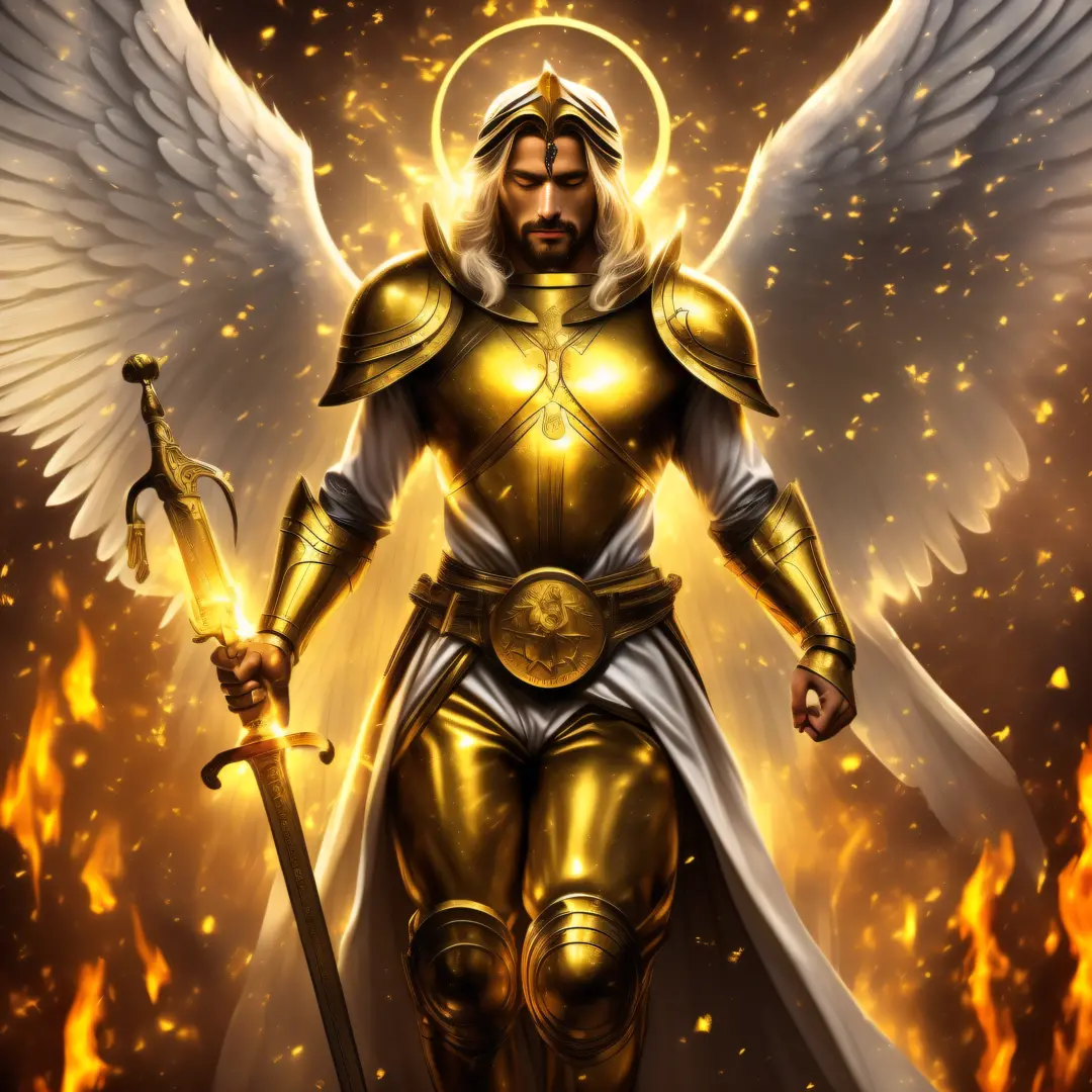 ( best quality,8k, masterpiece) ,(a strong angel with man's face shining with golden light, angel standing in a garden with a fire sword in hand guarding the garden, guardian angel, epic, wearing white robes he has large wings with celestial aura, various ...