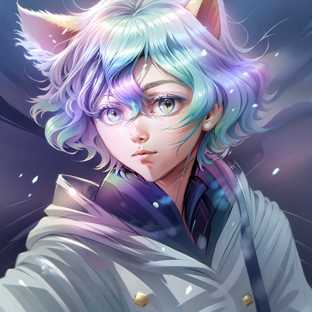 0.7>,anime boy,snow,(male),jacket,diamond,multicolored hair,multicolored eyes,cat ears on top of head