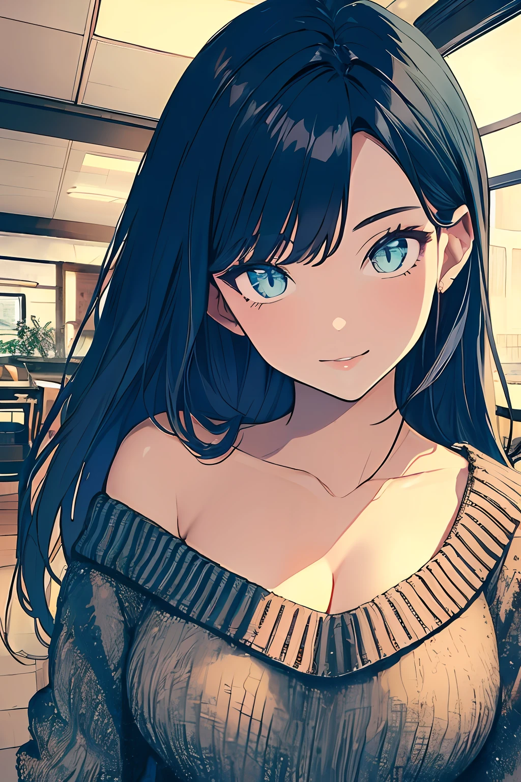 (masterpiece, top quality, best quality, official art, beautiful and aesthetic:1.2),
cateyes,1girl, solo, long hair, (sweater, big breasts, cleavage: 1.2), smile, ocre eyes, looking at viewer, blue hair, indoors, off shoulder, upper body, bare shoulders,
extreme detailed,highest detailed, optical mixing, playful patterns, lively texture, unique visual effect