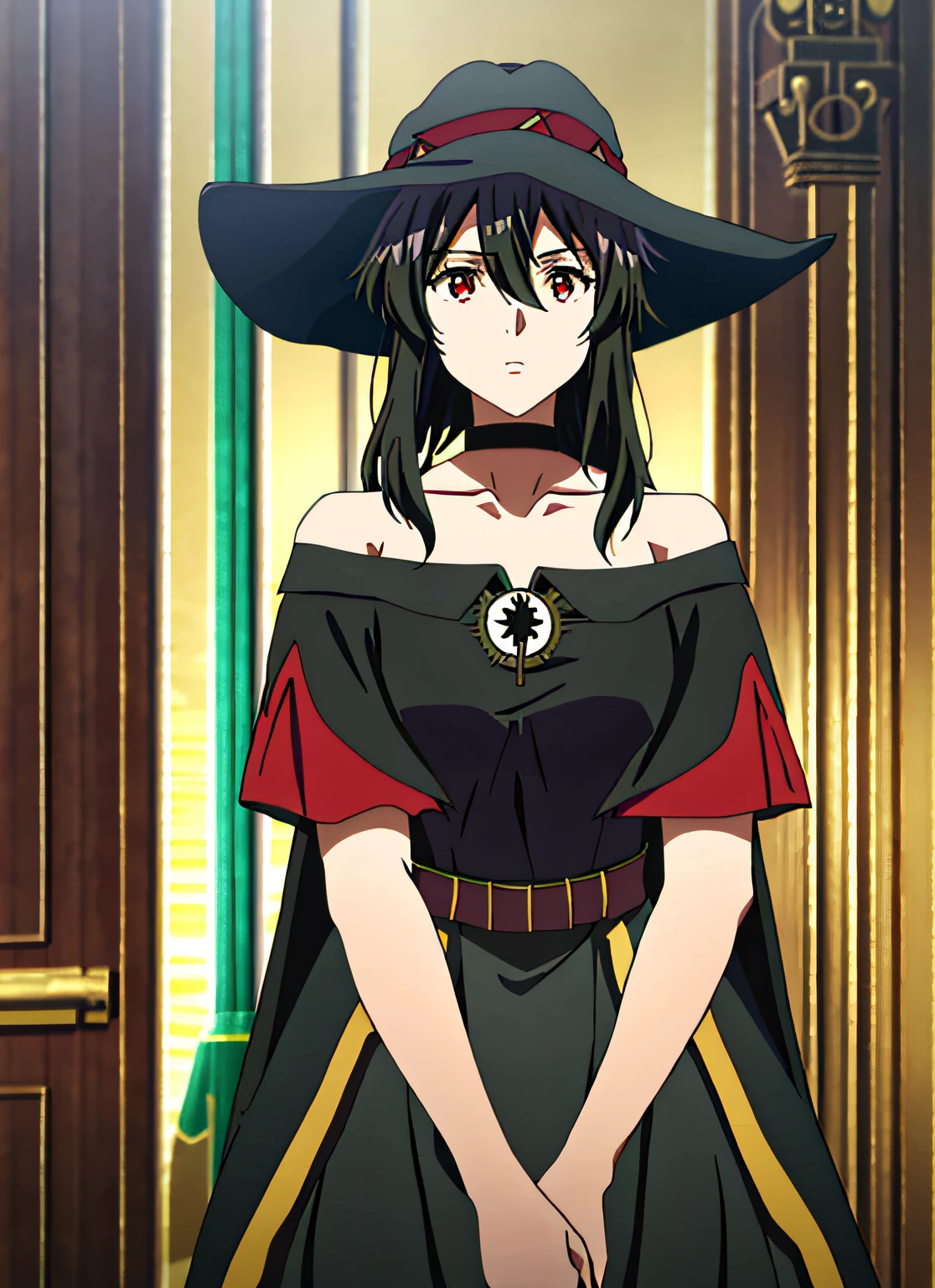 BNA masterpiece, best quality, megumin, 1girl, bare shoulders, black cape, black gloves, black hair, cape, choker, collarbone, dress, hair between eyes, hat, long sleeves, looking at viewer, medium hair, off-shoulder dress, off shoulder, red dress, red eyes, sidelocks, solo, witch hat, indoors