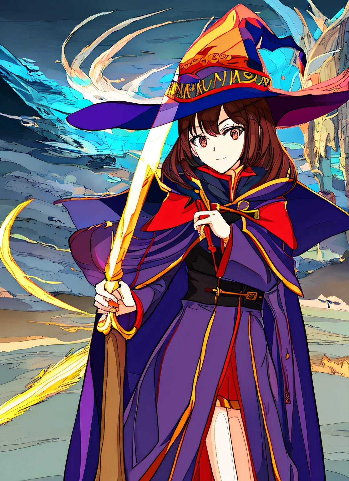 BNA masterpiece, best quality, megumin, 1girl, bare shoulders, black cape, black gloves, black hair, cape, choker, collarbone, dress, hair between eyes, hat, long sleeves, looking at viewer, medium hair, off-shoulder dress, off shoulder, red dress, red eyes, sidelocks, solo, witch hat, indoors