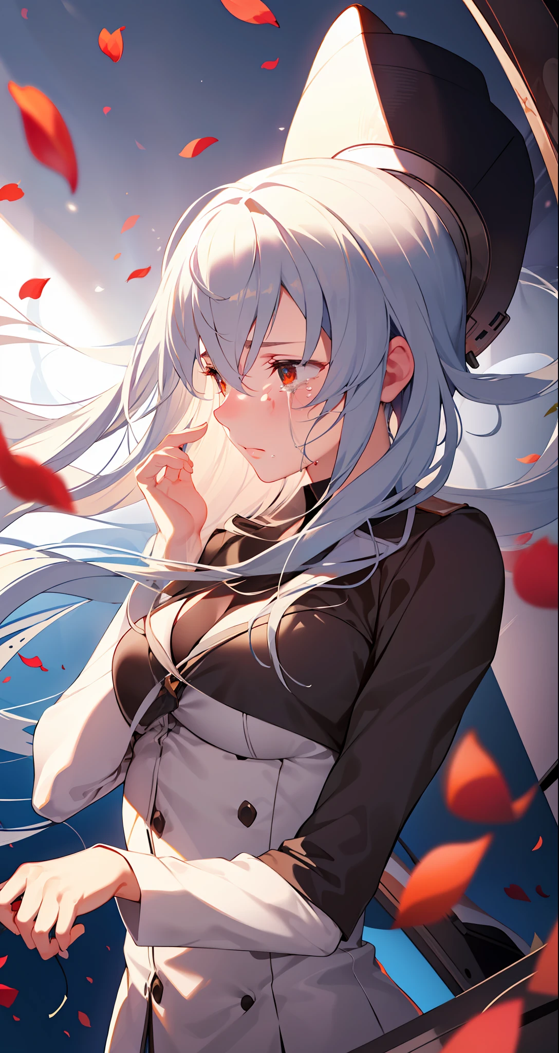 (masterpiece), (best quality),highres, ultra detailed, professional lighting, esdeath, esdeath outfit, front view, tearful eyes, sad, tilted head, looking away, crying, falling petals, upper body, cheeks turning red, depressed look