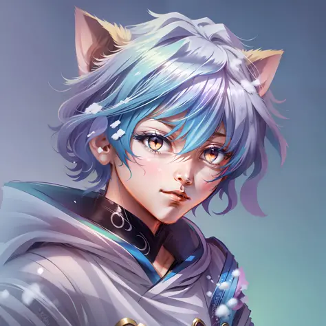 0.7>,anime boy,snow,(Male),jacket,diamond,multicolored hair,multicolored eyes,cat ears on top of head