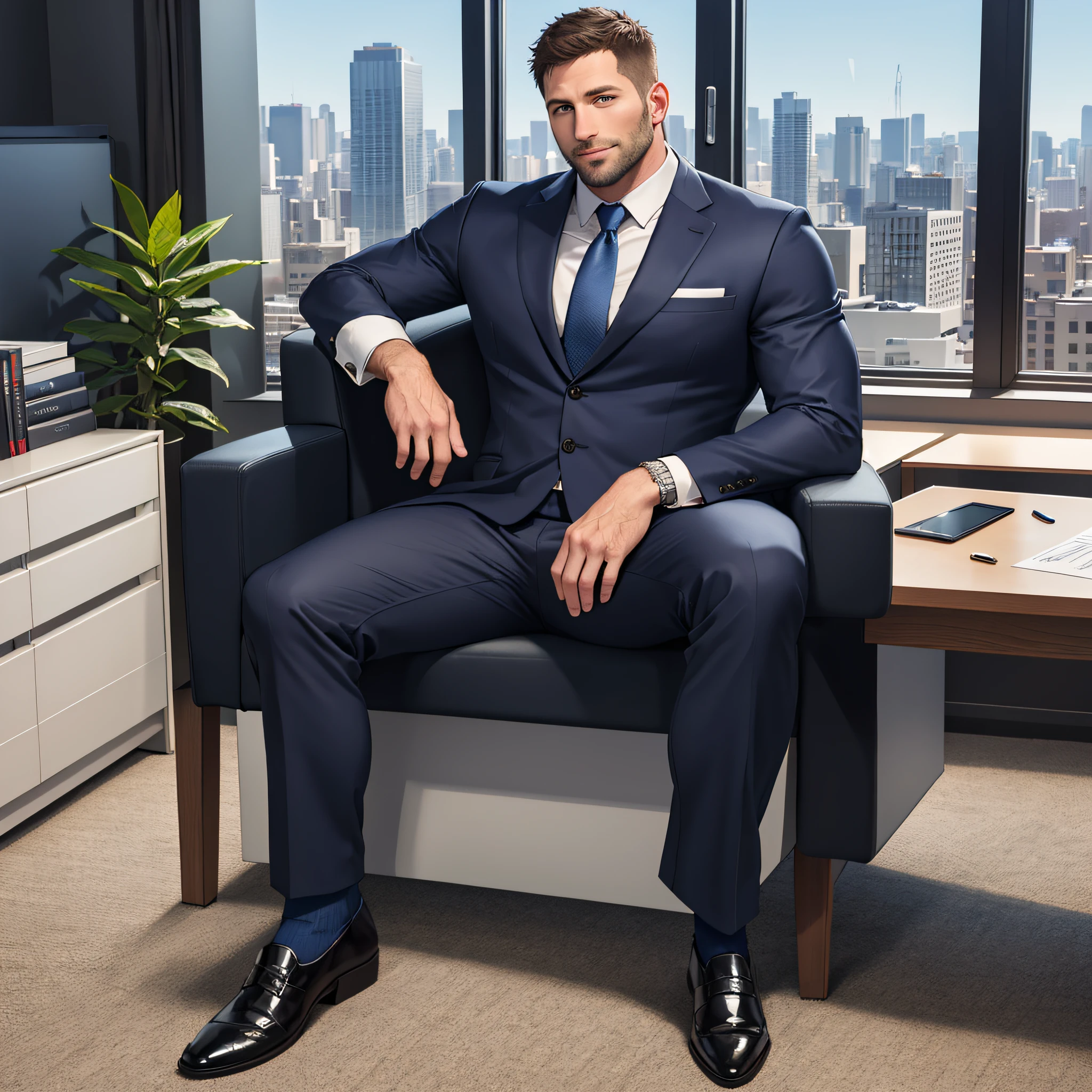a handsome 38-year-old man sitting in the office, crew cut, business suit, windows, cityscape, full body, mature man, [fat], [Chris Redfield],