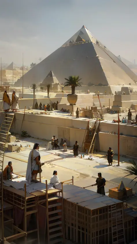 description: the image depicts the construction of the pyramids of giza in ancient egypt. the huge stone structures are being er...