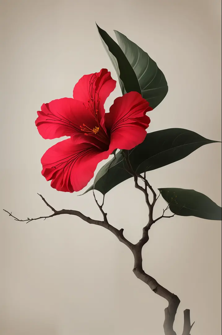 hibiscus flower blooming on a gnarled branch against a grey background, simple background, in the style of light orange and ligh...