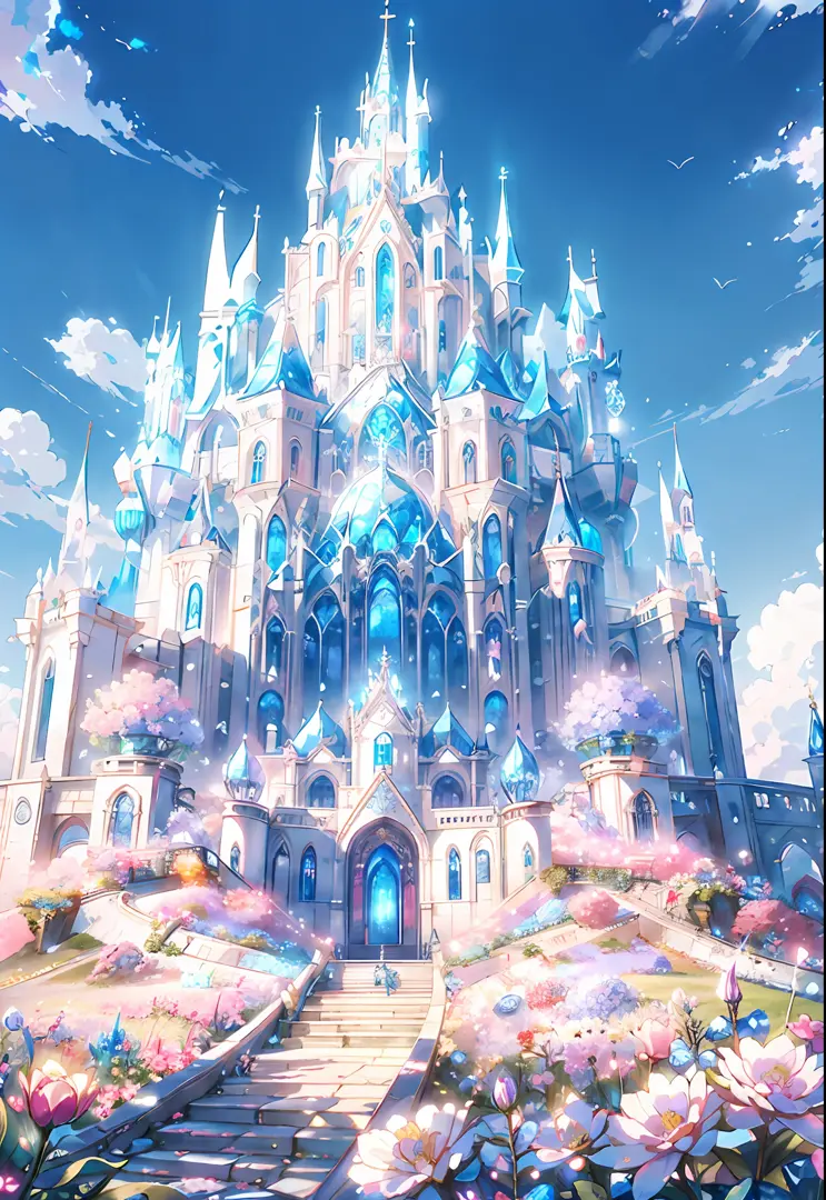 a large castle with a lot of flowers and a sky background, palace made with blue cristalised , beautiful fantasy anime, opalesce...