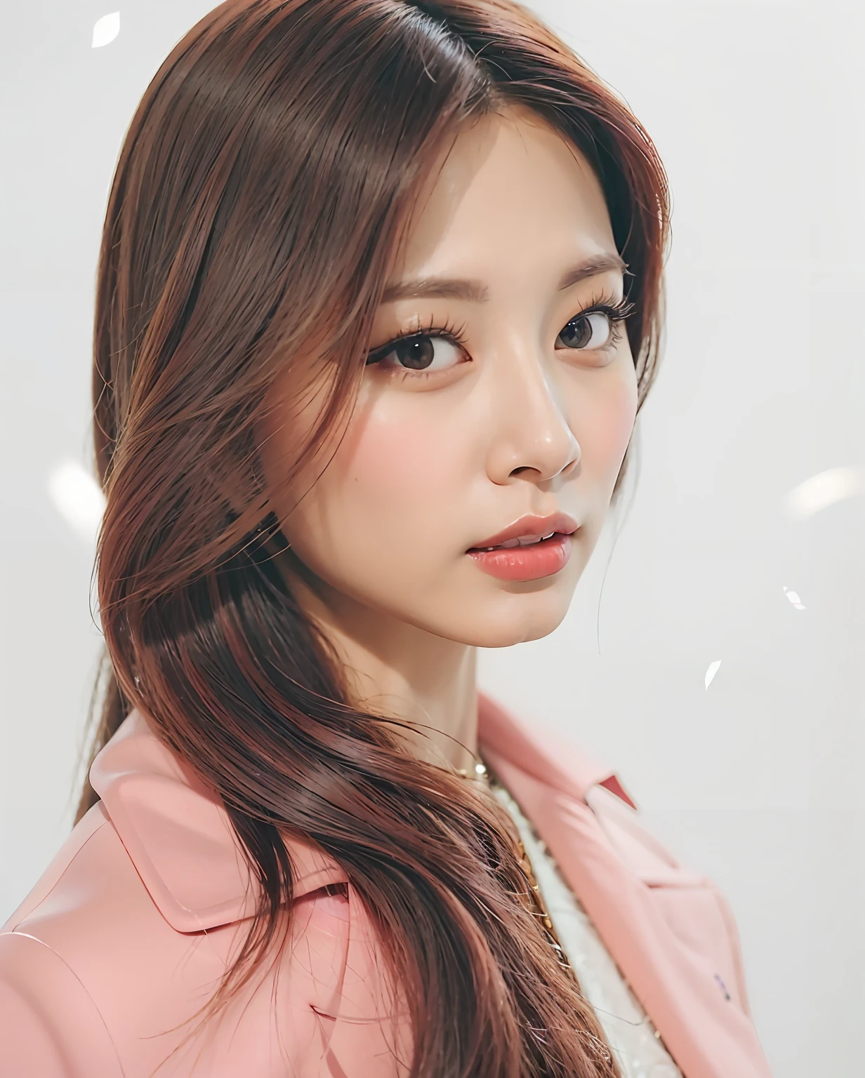 a close up of a woman with long hair wearing a pink jacket, blackpink jennie, tzuyu from twice, park ji-min, lee ji - eun, lee ji-eun, portrait of jossi of blackpink, portrait jisoo blackpink, popular south korean makeup, jisoo of blackpink, jaeyeon nam, popular korean makeup, jossi of blackpink