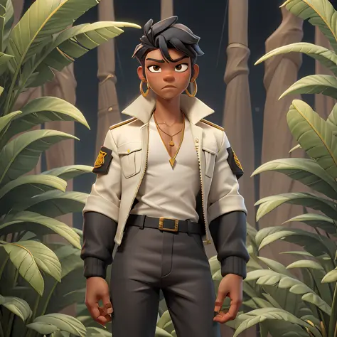 Androgen boy with long straight black hair, tanned skin, golden earrings, wearing "white shirt" and "dark military jacket", blac...