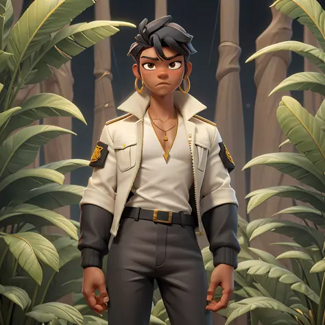 androgen boy with long straight black hair, tanned skin, golden earrings, wearing "white shirt" and "dark military jacket", blac...