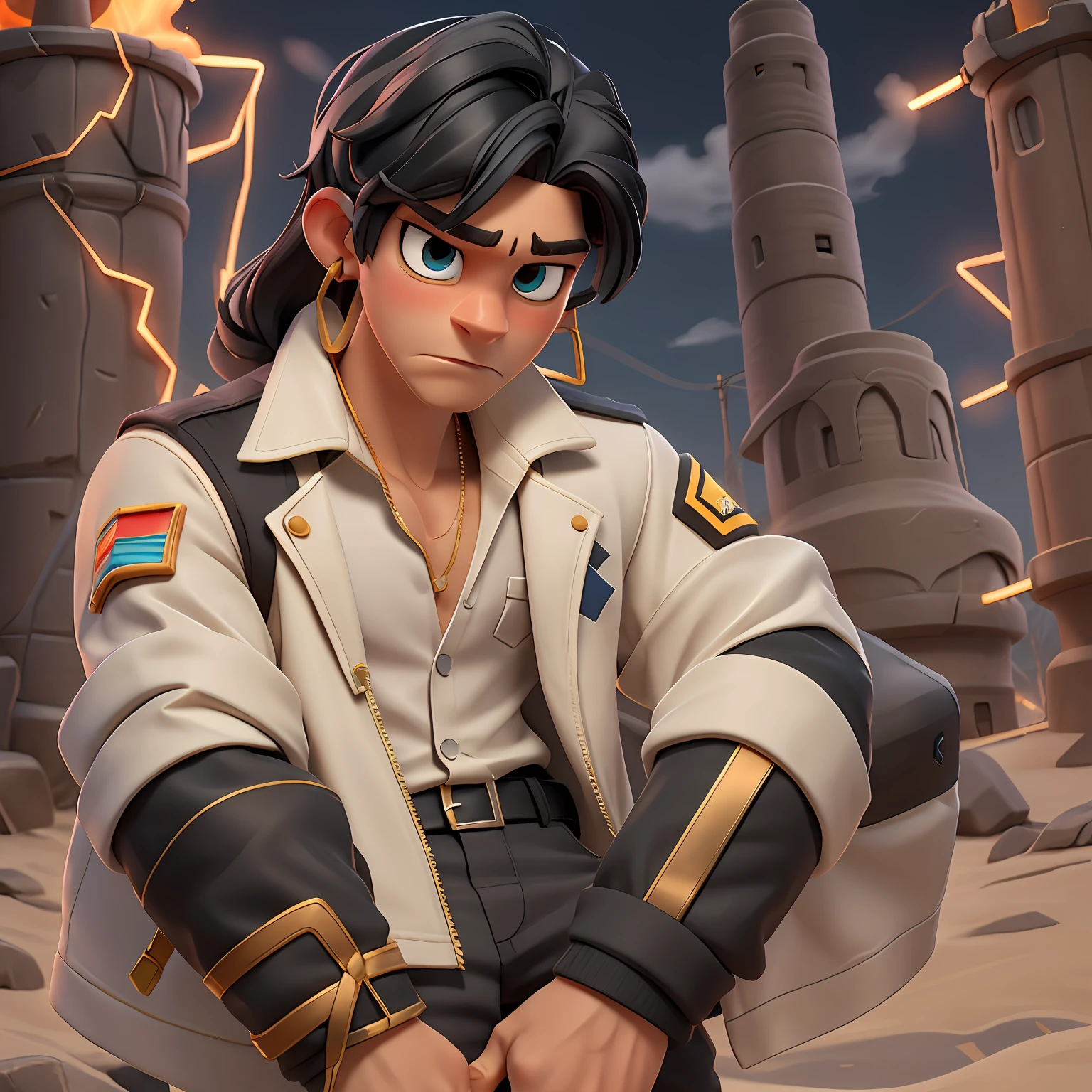 Androgen boy with long straight black hair, tanned skin, golden earrings, wearing "white shirt" and "dark military jacket", black pants, hot desert, electric rays, fantasy, high voltage