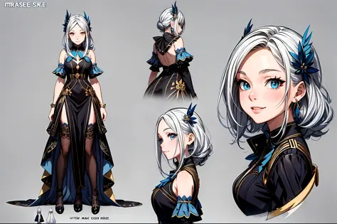 (masterpiece), ultra detailed, 8k, ((A character sheet:1.4)) or reference sketch of a idol girl with her idol dress she has long hair with blue color and she short, ultra realistic and sharp detail and intricate, intricate details, and style, simple backgr...