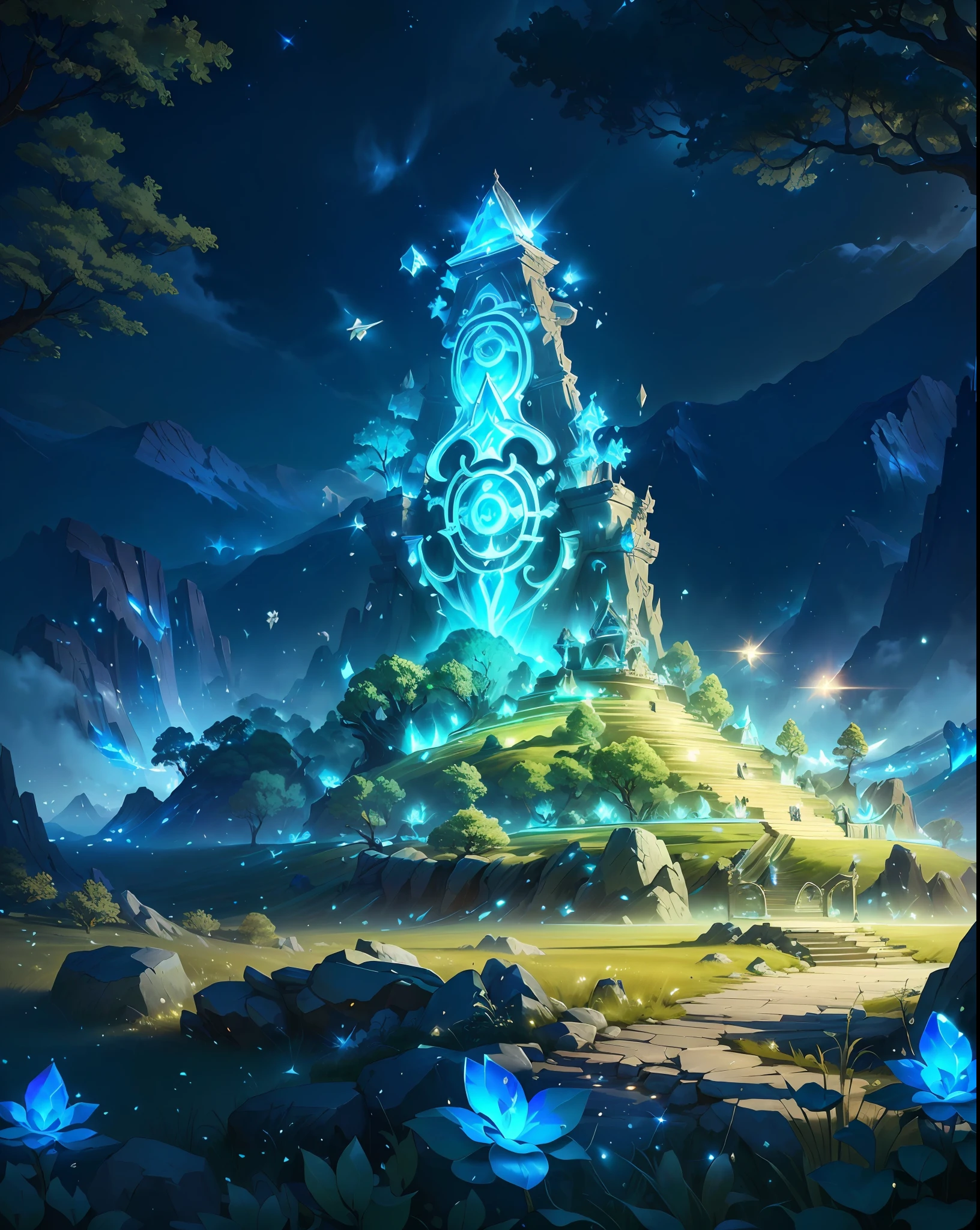 a picture taken from the ground of a mountain with a tree and a light up sign, elemental guardian of life, style of duelyst, concept art magical highlight, legend of korra setting, 8k hd wallpaperjpeg artifact, 8 k hd wallpaperjpeg artifact, mythical cosmic shrine, luminescent concept art, stylized concept art