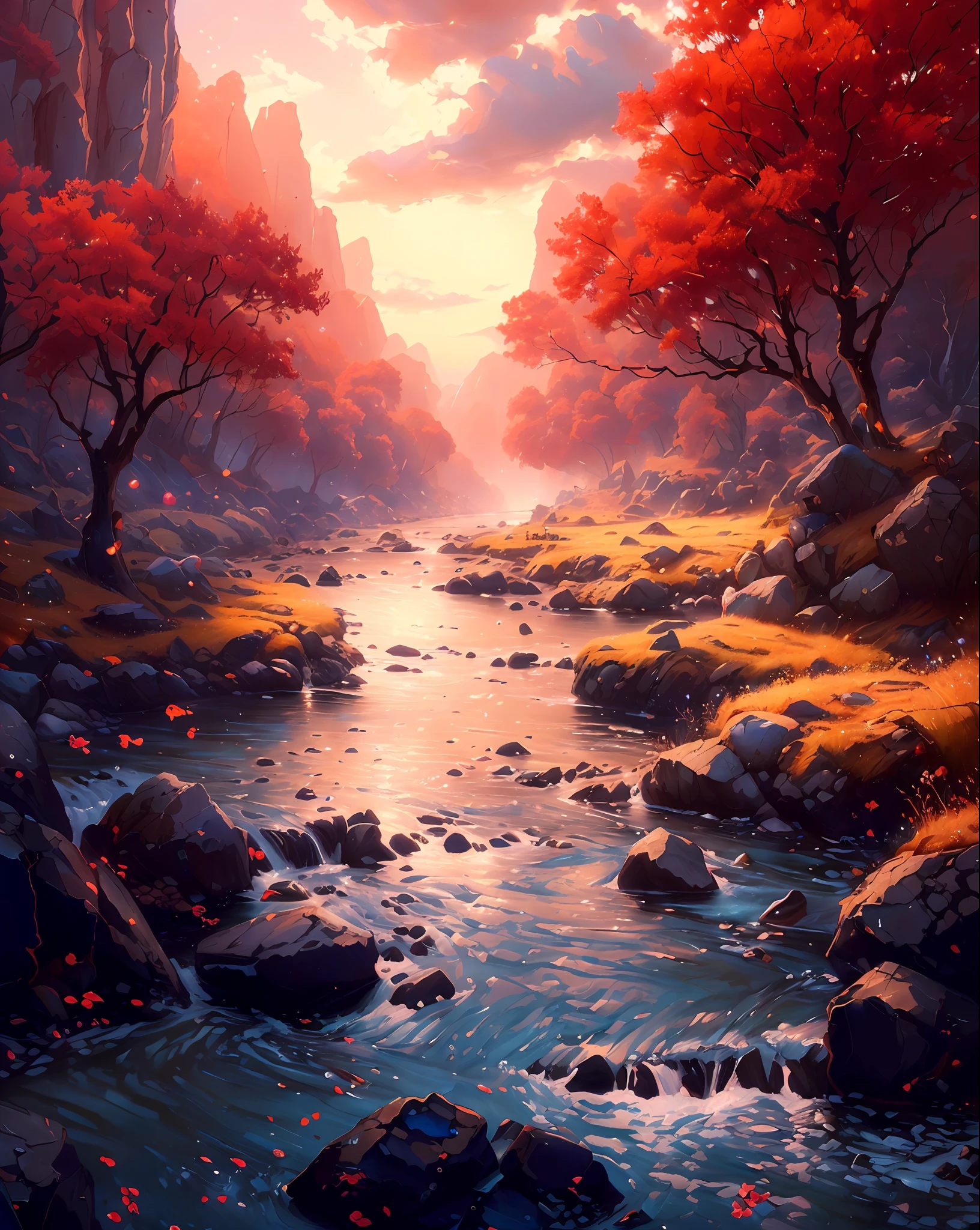 a painting of a river with rocks and trees in the background, by sylvain sarrailh, 8k high quality detailed art, inspired by sylvain sarrailh, detailed painting 4 k, beautiful art uhd 4 k, silvain sarrailh, 4k highly detailed digital art, 8k stunning artwork, andreas rocha style, 4k detailed digital art