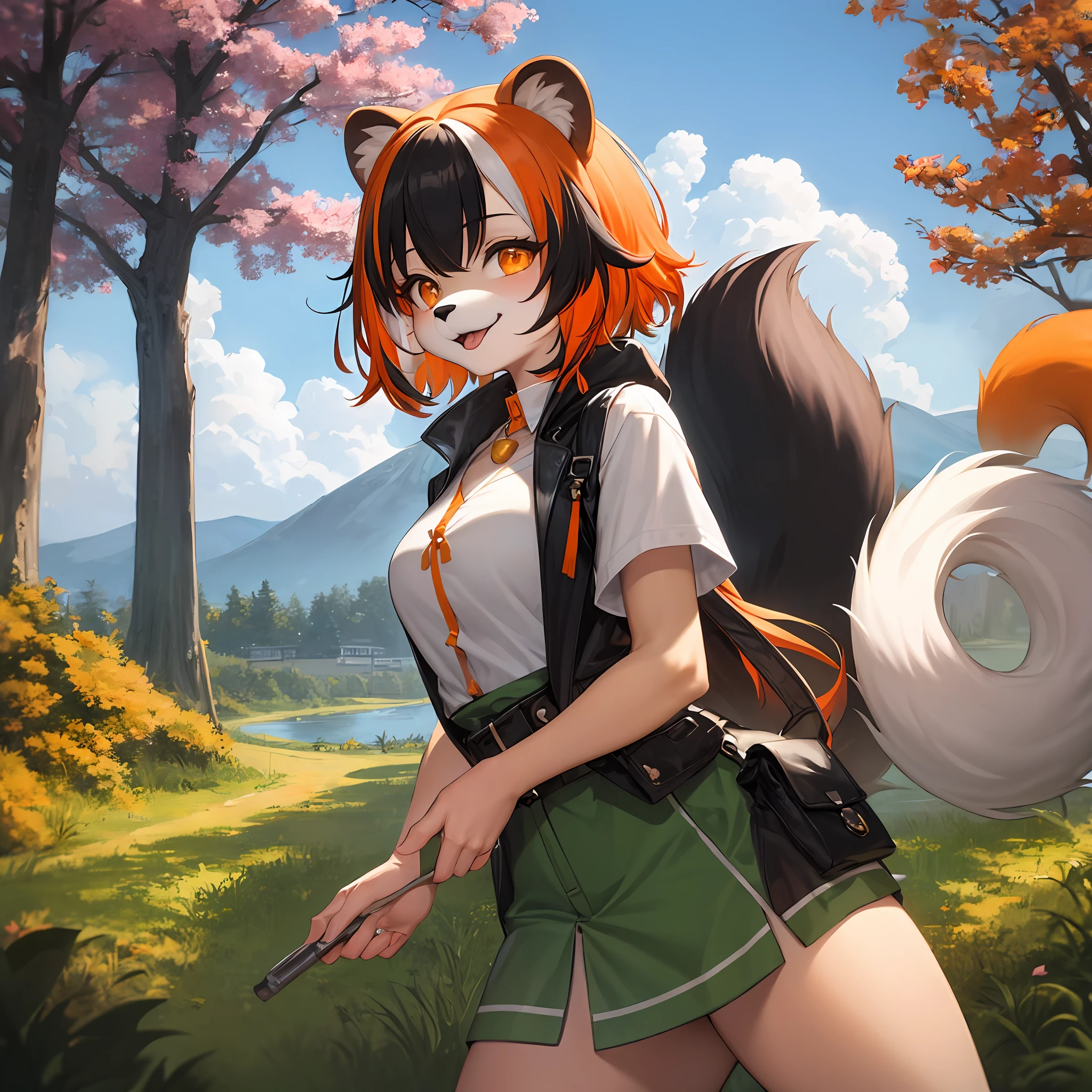 (furry fluffy antrum:1.3), 1girl, solo, hairy tanuki, tanuki ears, (embarrassed smile, tongue out:0.9), kemono, (kimono, kanzashi, Japanese clothes:0.7), hair bell, fluffy tail, two-tone hair, (atmospheric perspective, amazing background, sanctuary, cherry blossoms, forest:0.8), (multicolored hair, orange eyes:1.3),