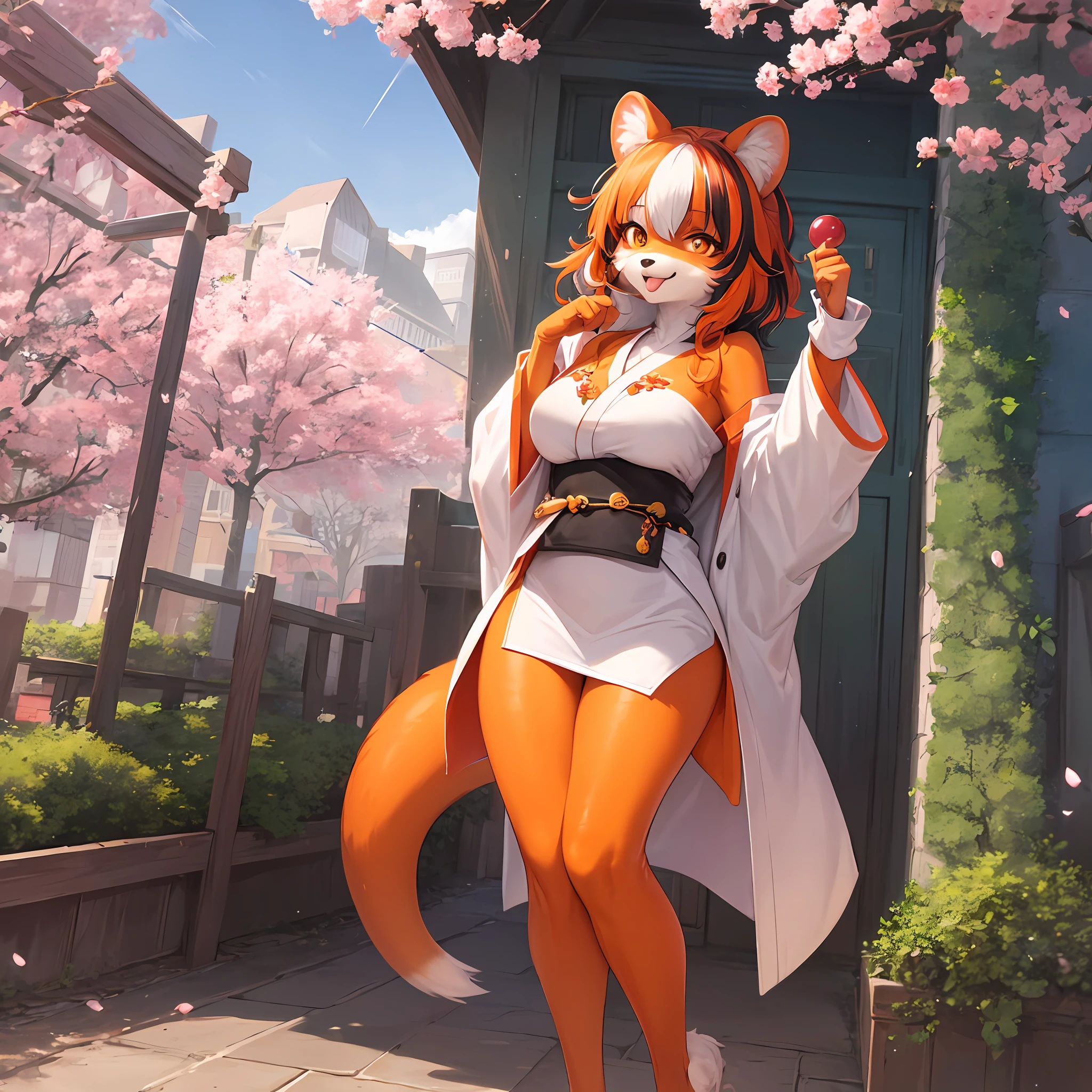 (furry fluffy antrum:1.3), 1girl, solo, hairy tanuki, tanuki ears, (embarrassed smile, tongue out:0.9), kemono, (kimono, kanzashi, Japanese clothes:0.7), hair bell, fluffy tail, two-tone hair, (atmospheric perspective, amazing background, sanctuary, cherry blossoms, forest:0.8), (multicolored hair, orange eyes:1.3),