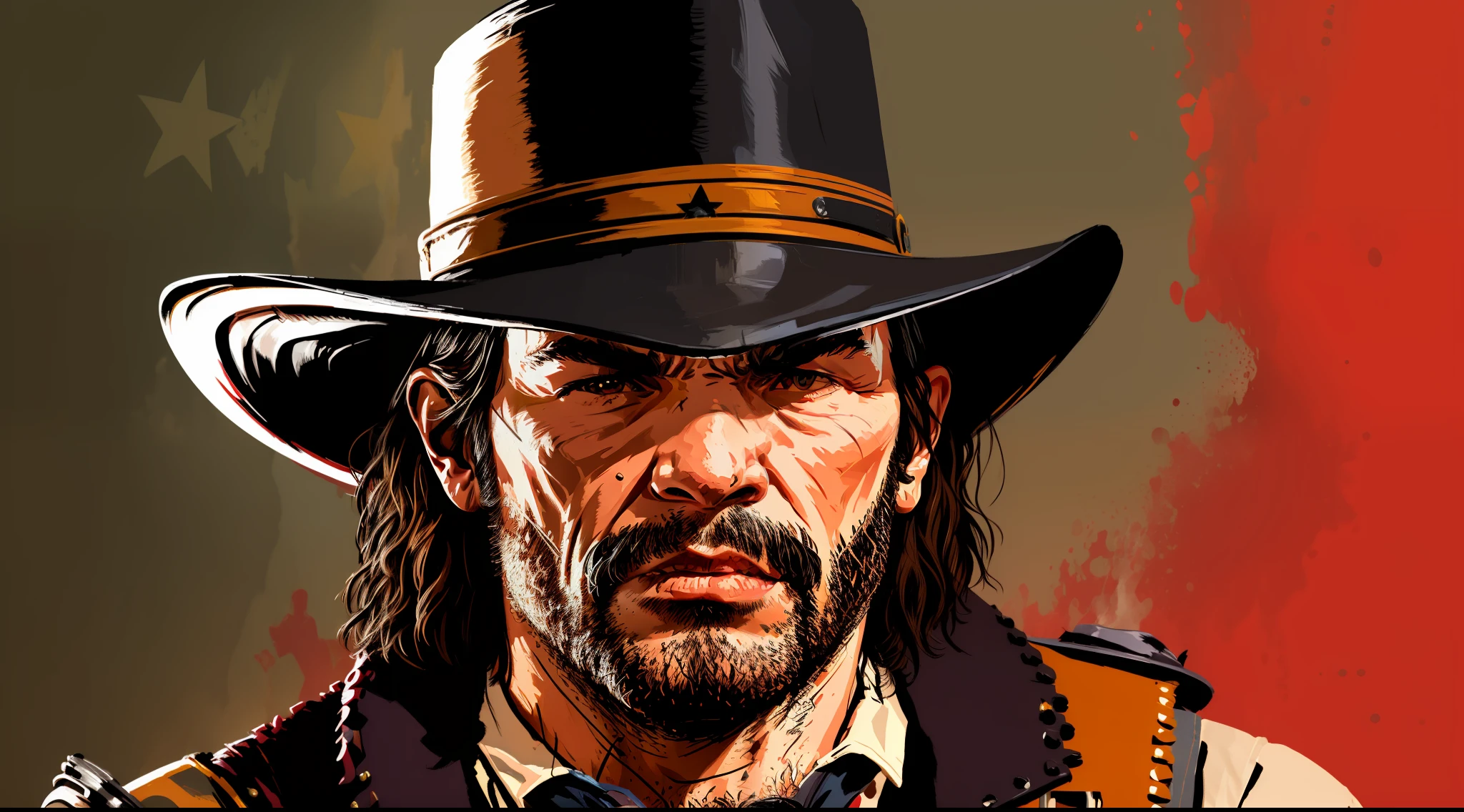 R3DD34Dstyle, digital portrait, john marston, facial hair, cowboy hat, vest, sponsorship, red background@predador