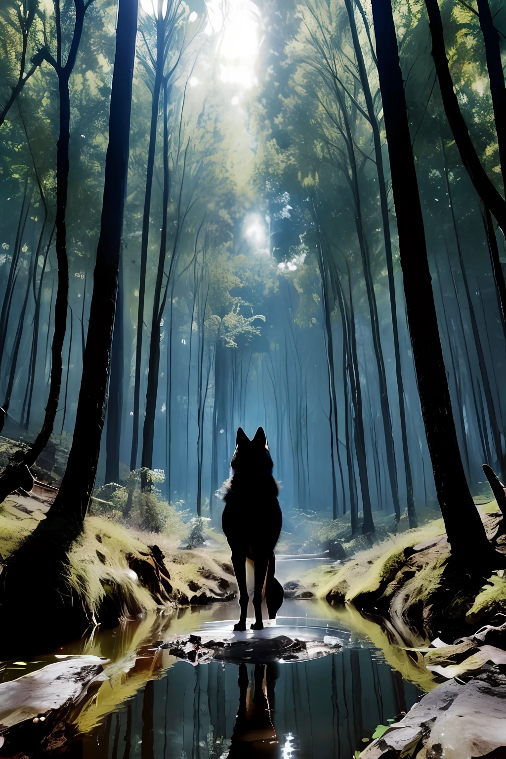 A fantastic image depicting a powerful and imposing red black wolf, its huge red eyes glowing in the dimly lit surroundings. The woman, dressed in an elegant black tailored suit, is standing in a lush forest, with a deep blue sky and a shallow pond nearby. A small, pointed sword, resembling a katana, is seen suspended in the background. A flock of birds flutters nearby, their wings raised in triumph. wide aperture, slow shutter speed, high contrast