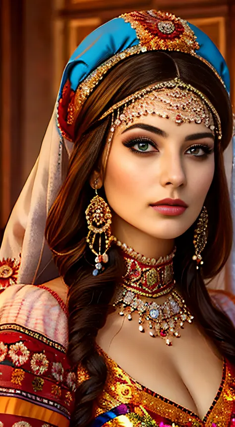 "A stunning Afghan woman dressed in traditional attire, adorned with exquisite makeup, a headscarf, and captivating jewelry."