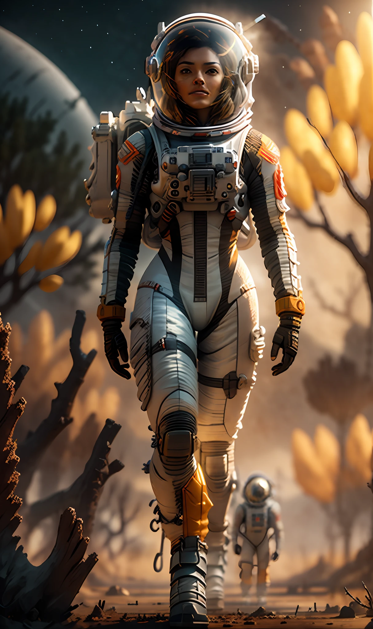 kit bashing, alien landscape, swampland, solitary female astronaut, radio dish antenna, Electric Purple, utility belt, Metallic Gray Zinc, sci-fi, masterpiece, 16k, UHD, HDR, the best quality, body-tight suit, intricate, the most fantastic details, cinematic composition, dramatic lighting, full body, celestial bodies in the sky, dead trees, dry bushes, realistic reflections, sunset, a military compound, to scale, lonely, sad, dynamic posture, ruffles, quillings, embroidery