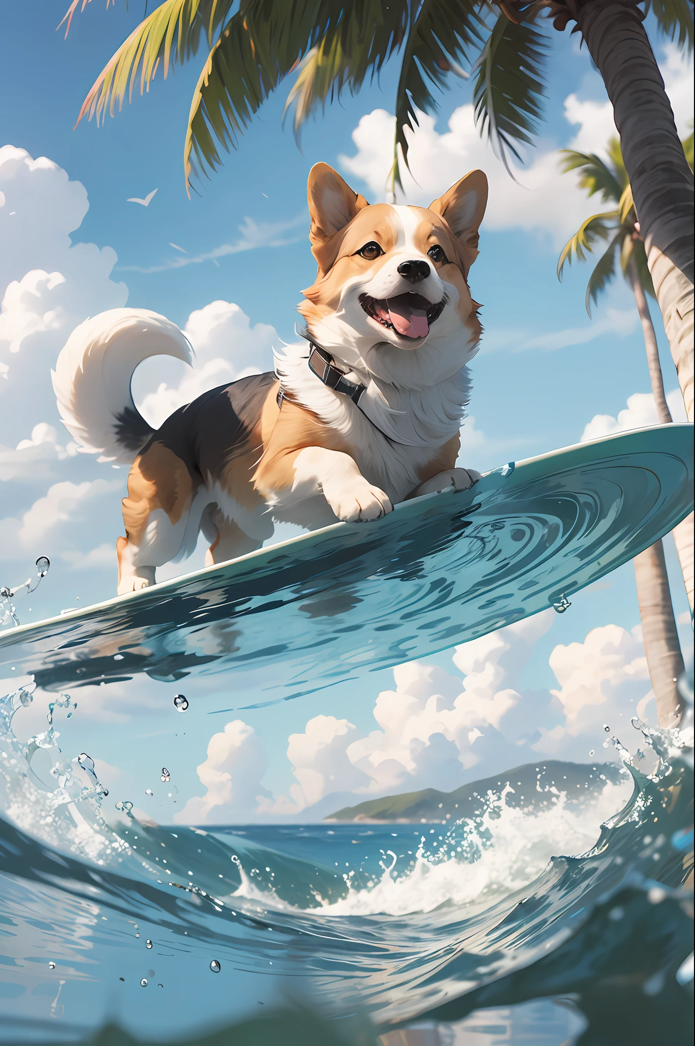 , (Masterpiece: 1.2), Best Quality, PIXIV, Corgi, Surf, Summer, Beach, Coconut Tree