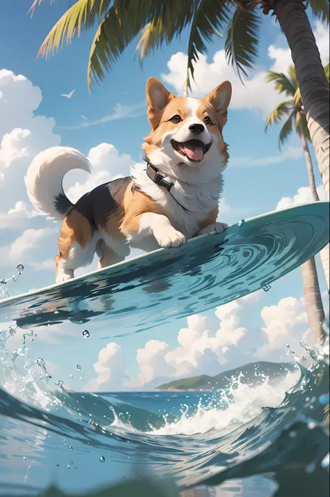 , (masterpiece: 1.2), best quality, pixiv, corgi, surf, summer, beach, coconut tree