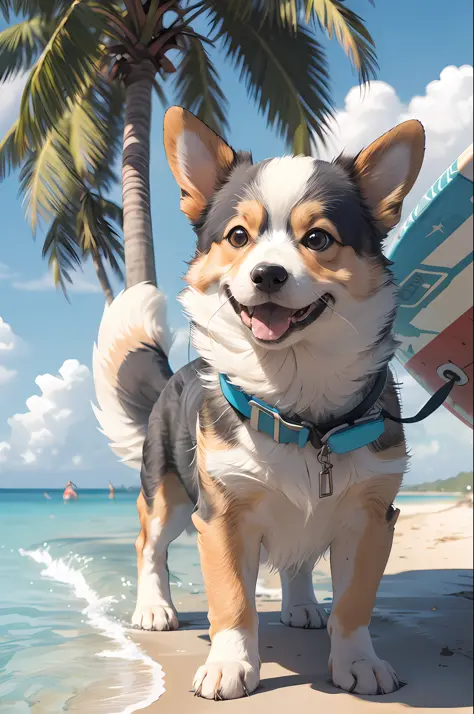 , (masterpiece: 1.2), best quality, pixiv, corgi, surf, summer, beach, coconut tree