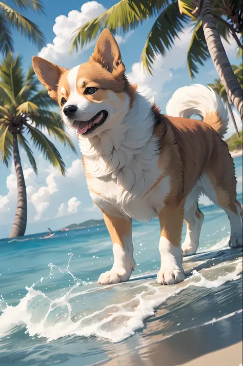 , (masterpiece: 1.2), best quality, pixiv, corgi, surf, summer, beach, coconut tree