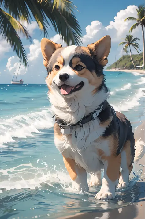 , (masterpiece: 1.2), best quality, pixiv, corgi, surf, summer, beach, coconut tree