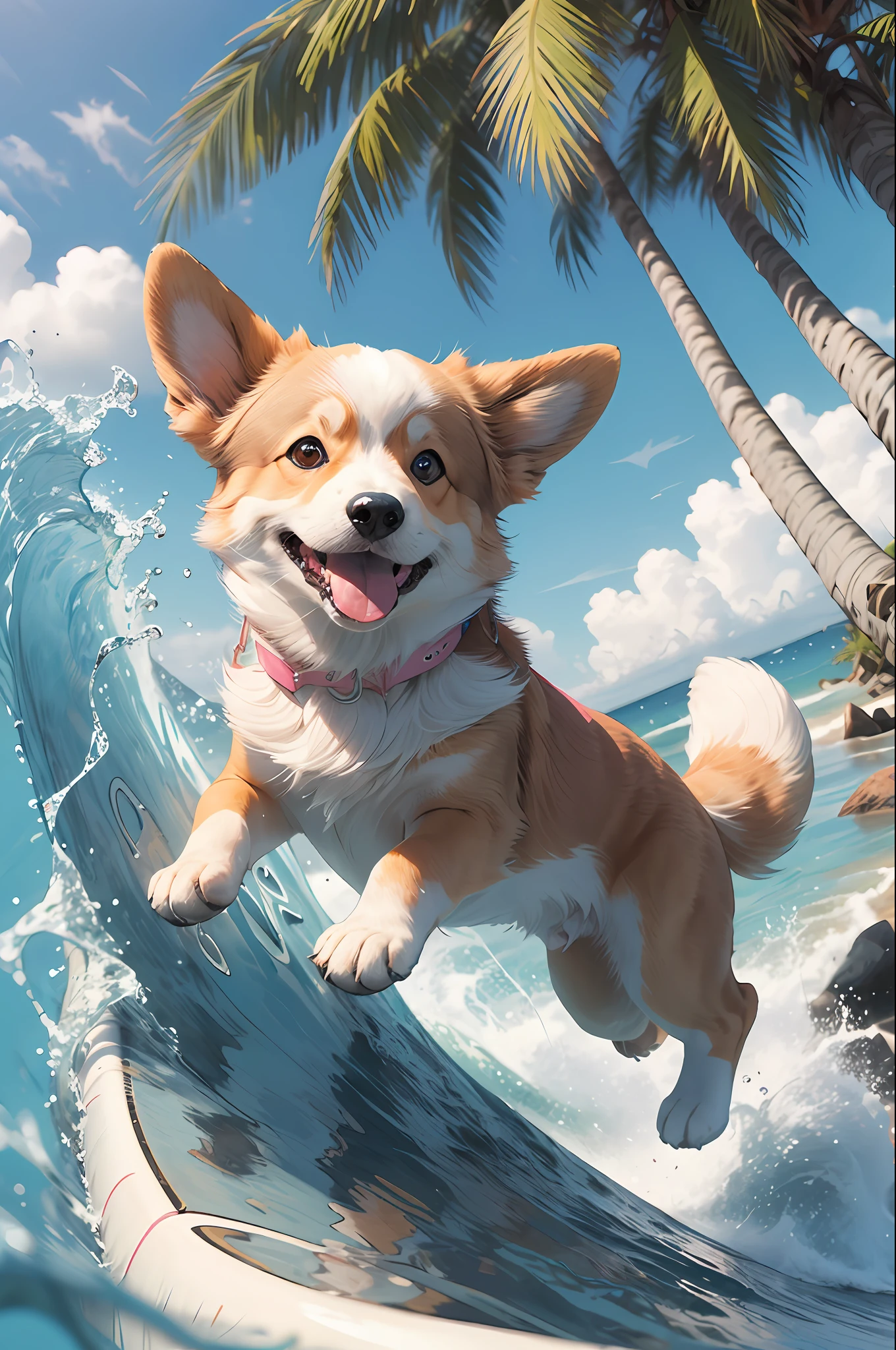 , (Masterpiece: 1.2), Best Quality, PIXIV, (Corgi on Surfboard, Blue, Pink), Surf, Waves, Summer, Beach, Coconut Trees