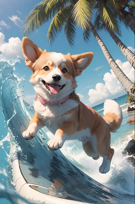 , (masterpiece: 1.2), best quality, pixiv, (corgi on surfboard, blue, pink), surf, waves, summer, beach, coconut trees