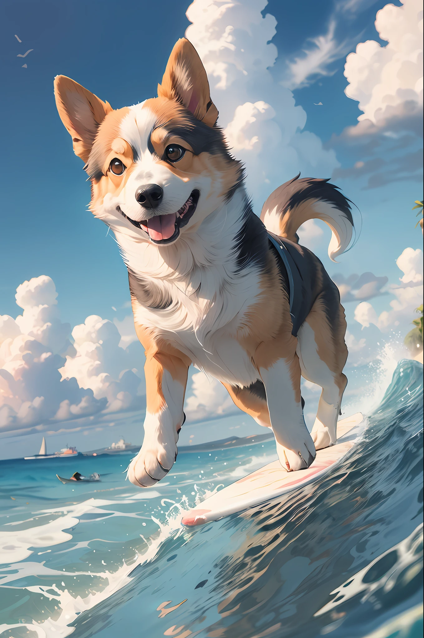 , (傑作: 1.2), 最好的品質, pixiv, (Corgi on 衝浪board, 藍色的, 粉紅色的), 衝浪, 波浪, 夏天, 海灘, 椰子樹